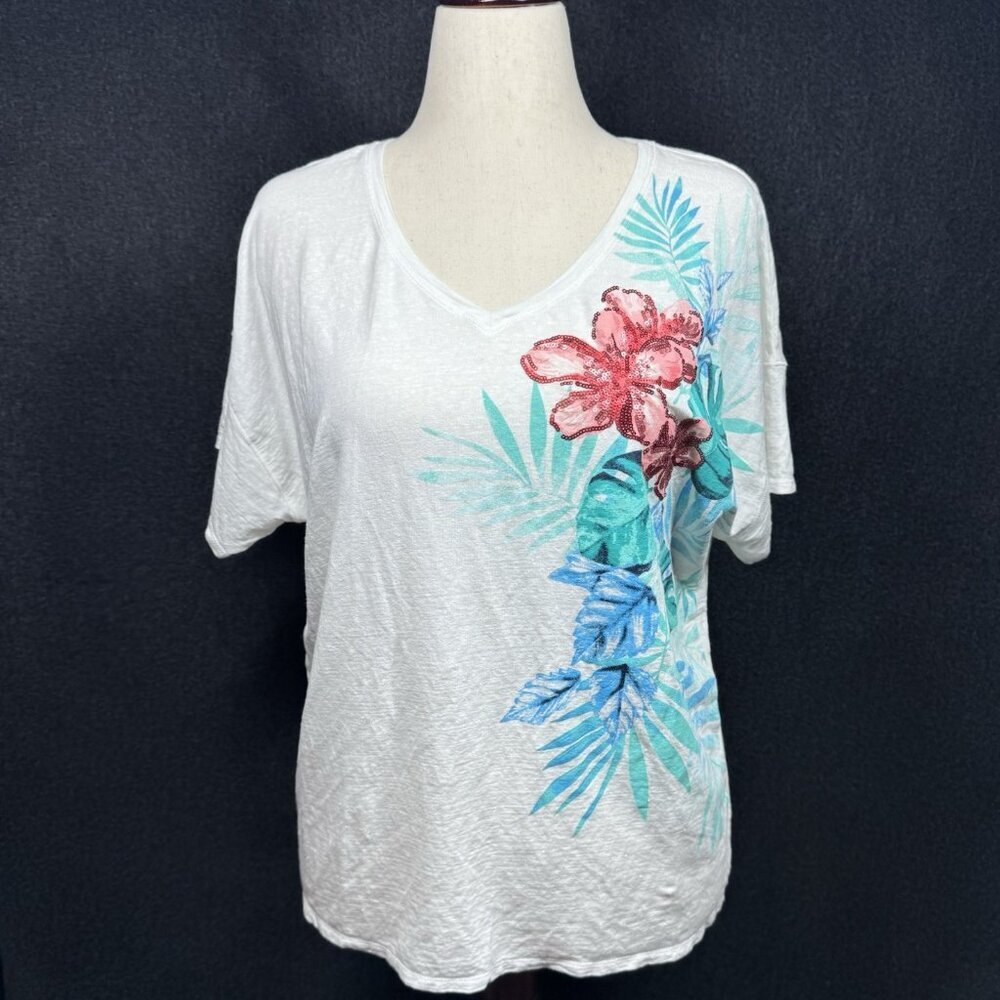 Chico's White Linen Blend Floral T Shirt White Sequin Embellished Size XL